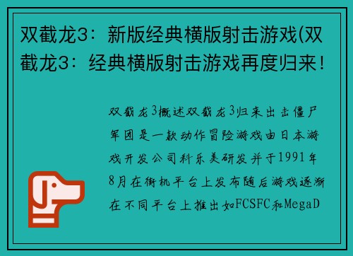 双截龙3：新版经典横版射击游戏(双截龙3：经典横版射击游戏再度归来！)